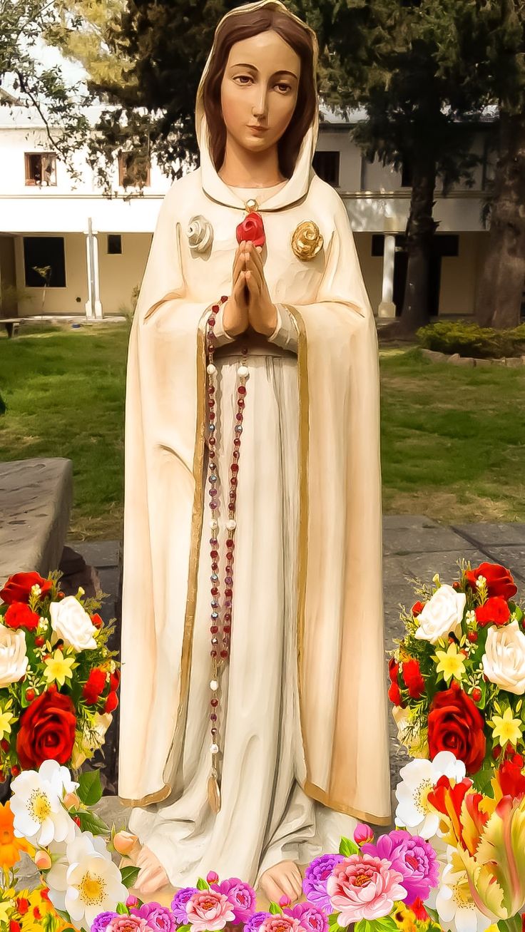 Maria Rosa Mystica - Our Lady of the Mystical Rose surrounded by beautiful flowers